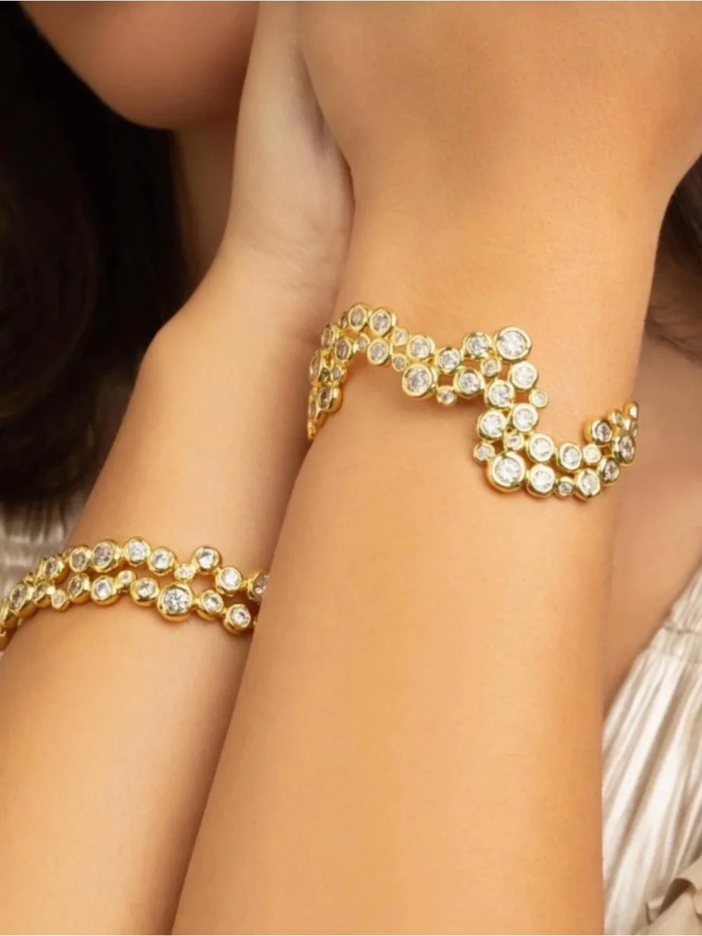 NEW Alexis Bittar Asterales Cubic Zirconia Wave Cuff Bracelet Gold Clear JL25